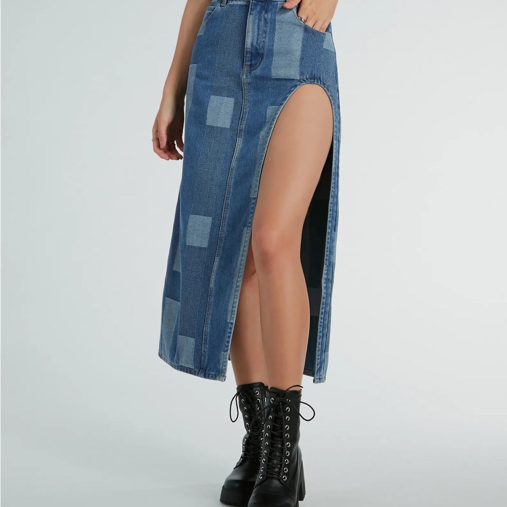 Windsor Denim Patchwork Skirt with High Slit